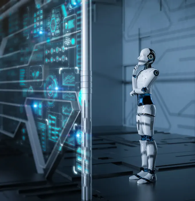 White robotic humanoid standing thoughtfully in front of a futuristic digital interface with glowing blue data panels.