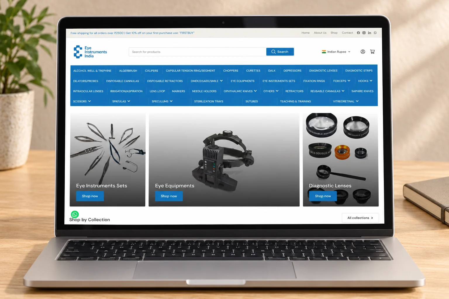 Eye Instruments India storefront on a laptop.
