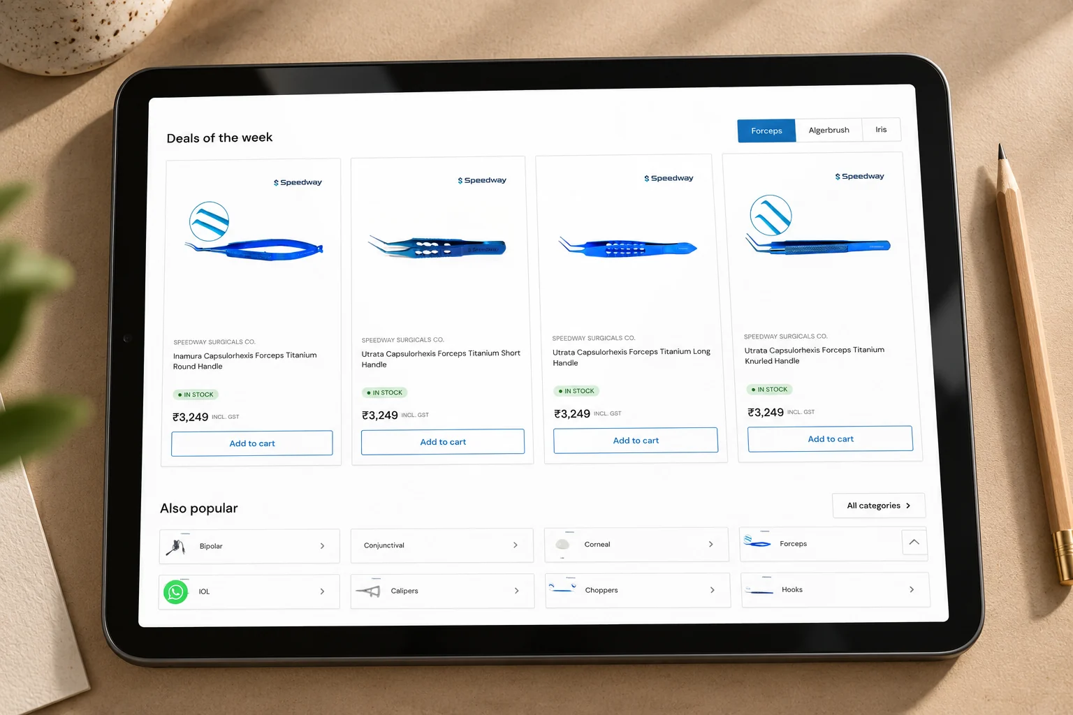 Eye Instruments India product grid on a tablet.
