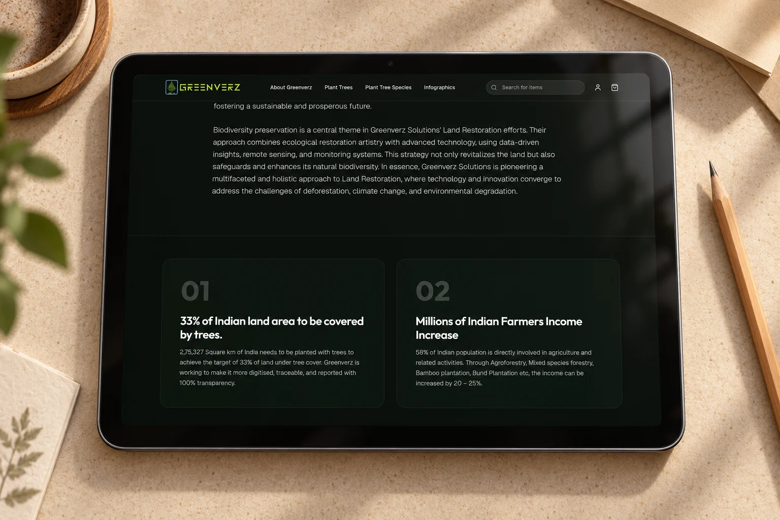 Greenverz concept restoration goals on a tablet.
