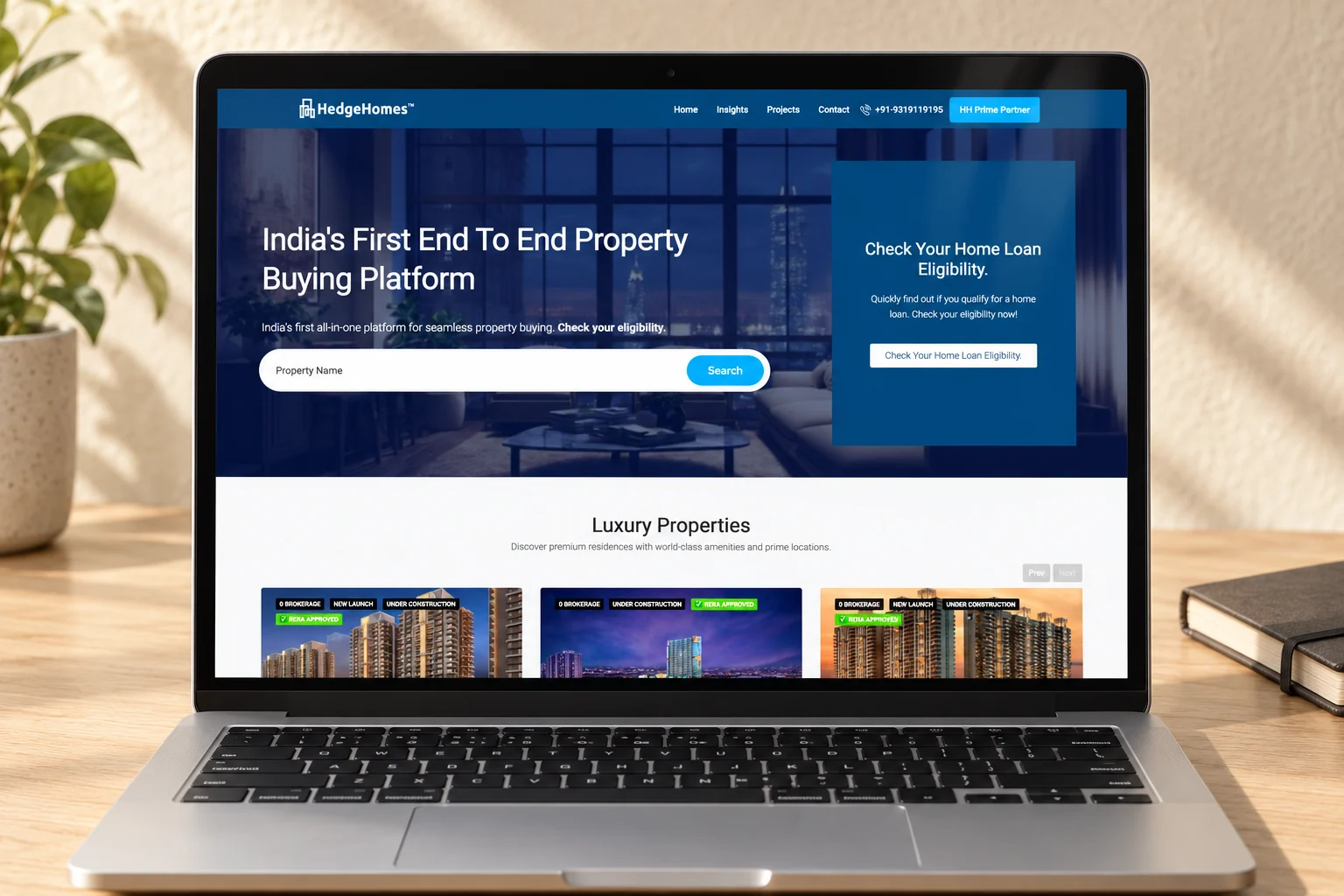 Hedge Homes property-search homepage on a laptop.