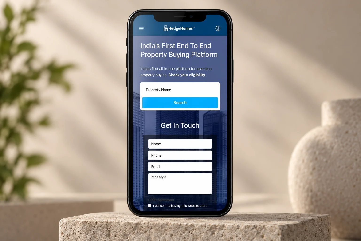 Hedge Homes mobile property-search view on a smartphone.