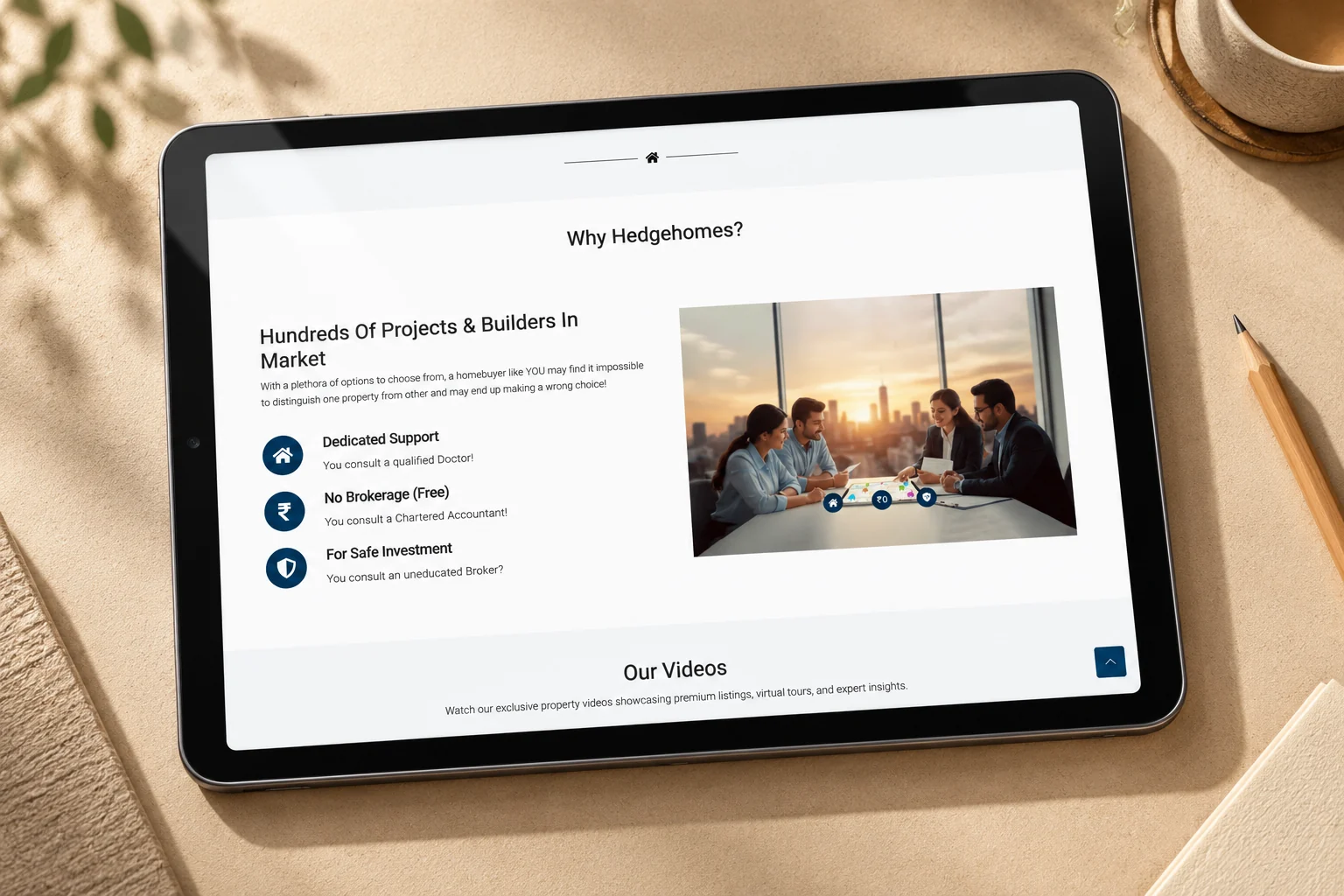 Hedge Homes company and service content on a tablet.