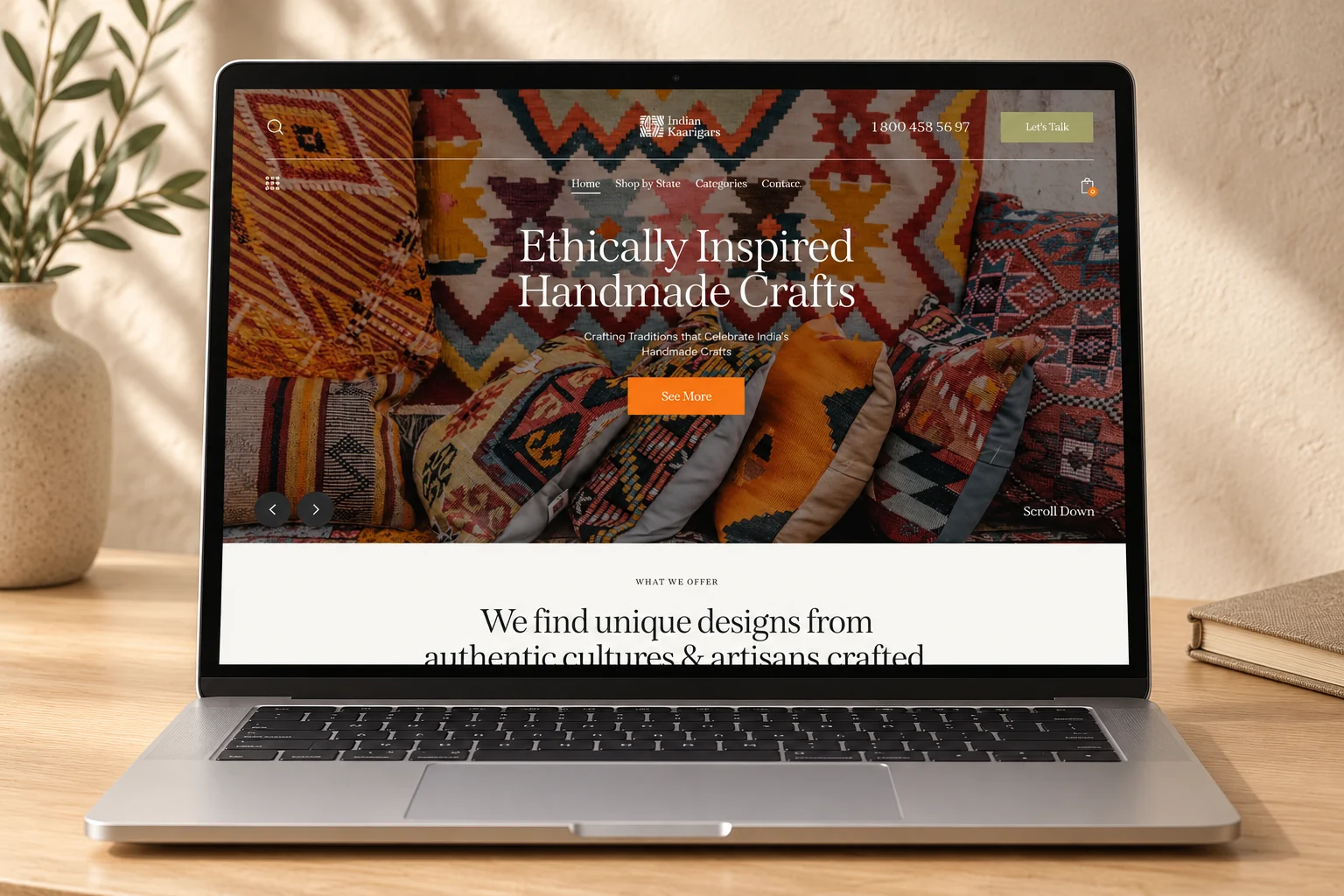 Saved Indian Kaarigars craft-store homepage on a laptop.