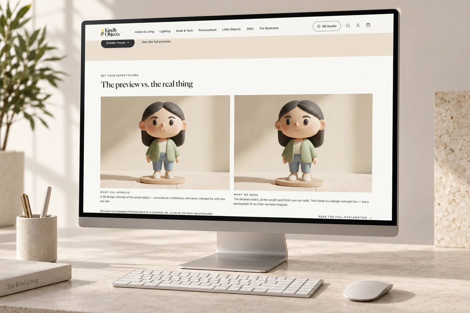 Kindly Objects design-preview explanation on a monitor.