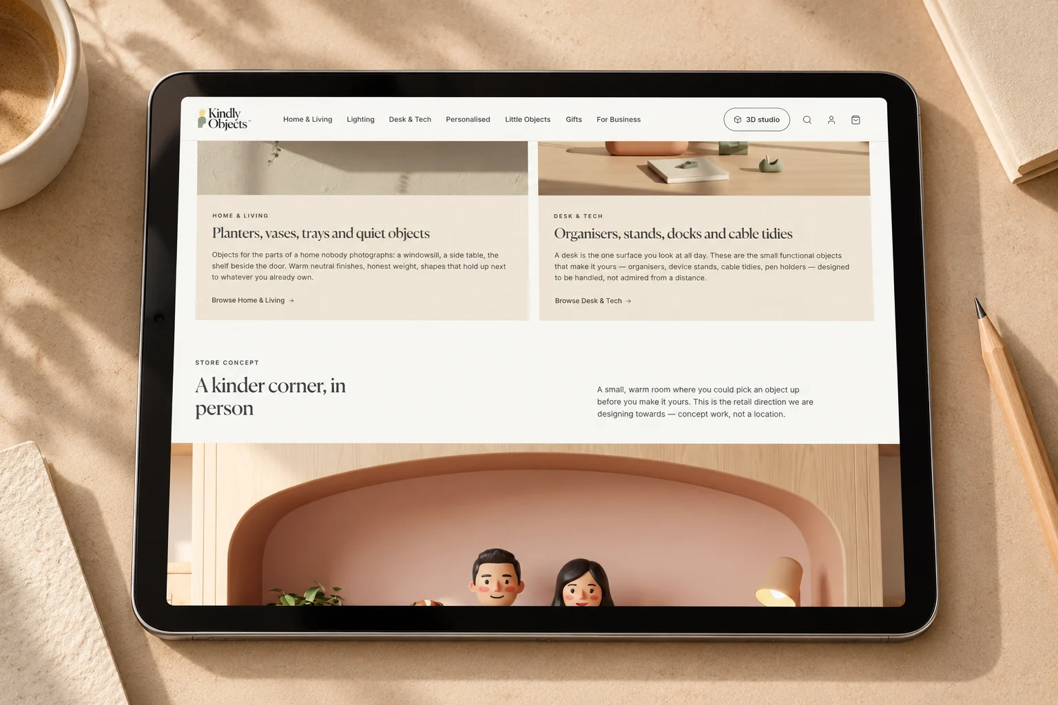 Kindly Objects home and desk collections on a tablet.