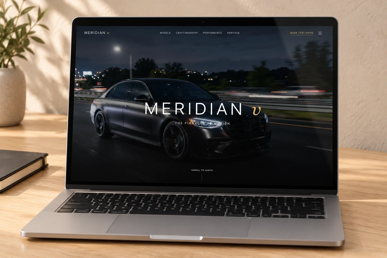 Meridian Motors automotive concept opening on a laptop.