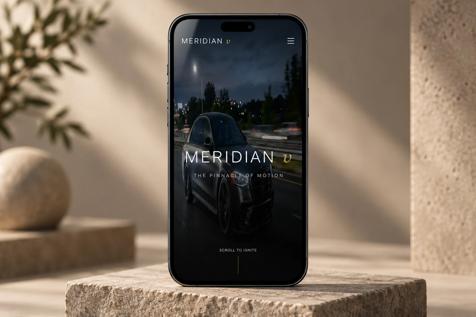 Meridian Motors mobile concept opening on a smartphone.