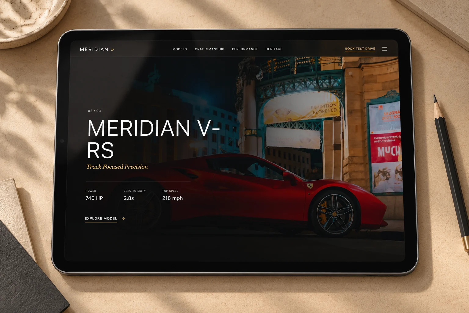 Meridian concept model presentation on a tablet.