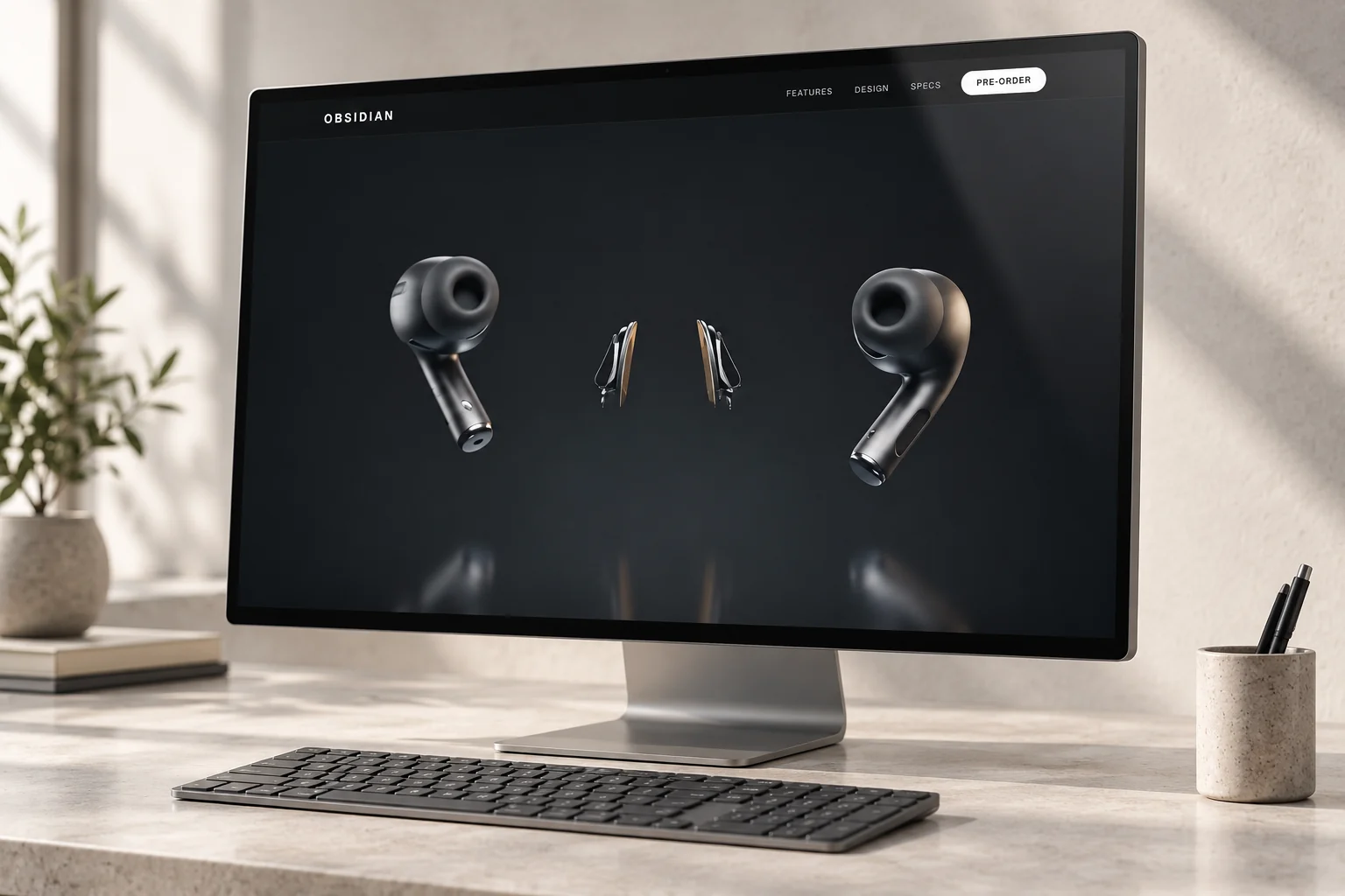 OBSIDIAN concept product-reveal frame on a monitor.