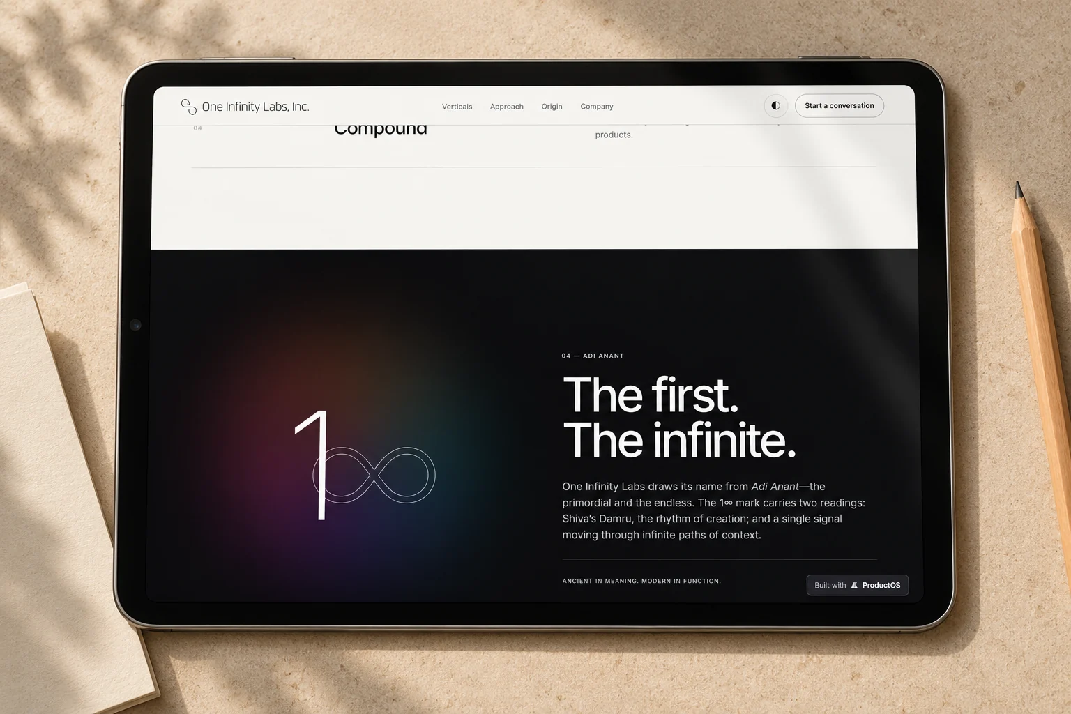 One Infinity Labs origin story on a tablet.