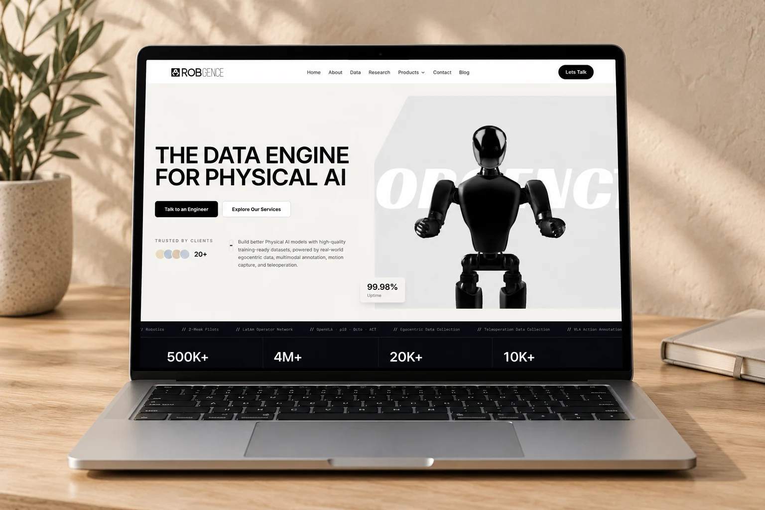Robgence Physical AI data homepage on a laptop.
