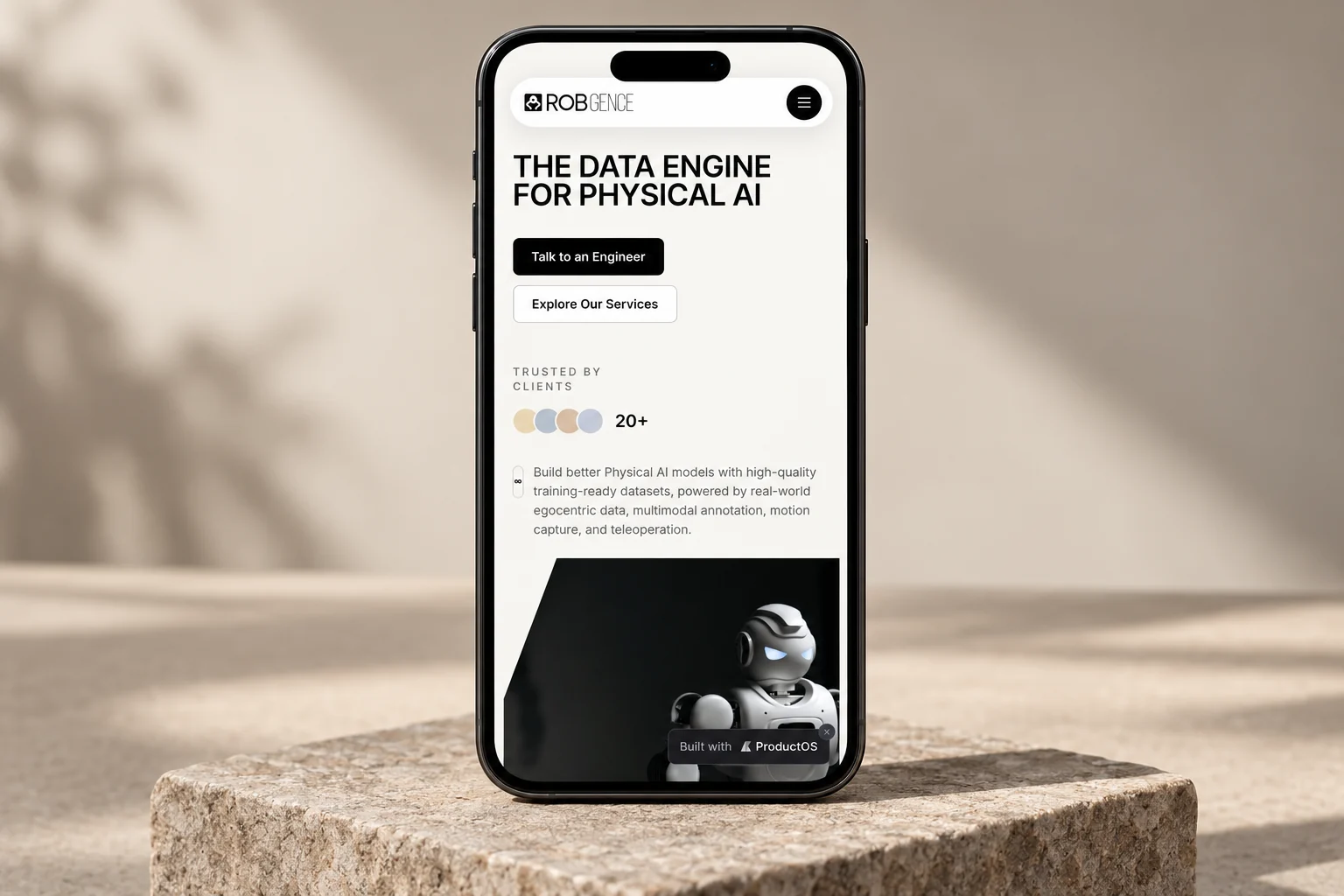 Robgence mobile company homepage on a smartphone.