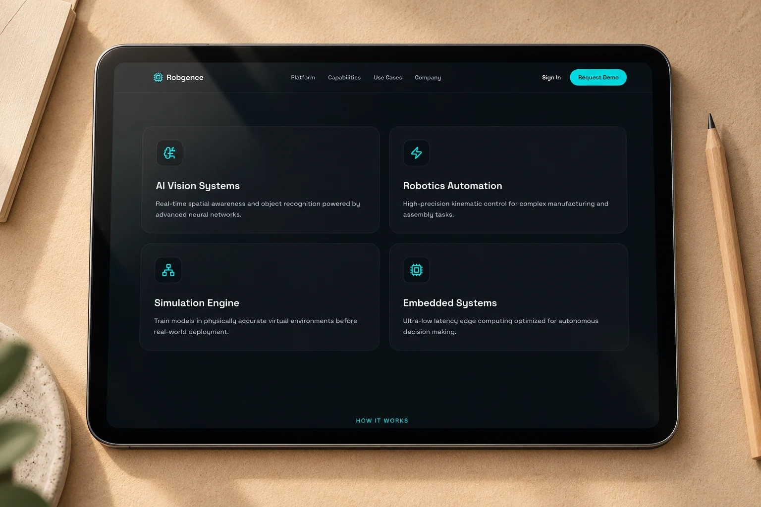 Robgence concept capability cards on a tablet.