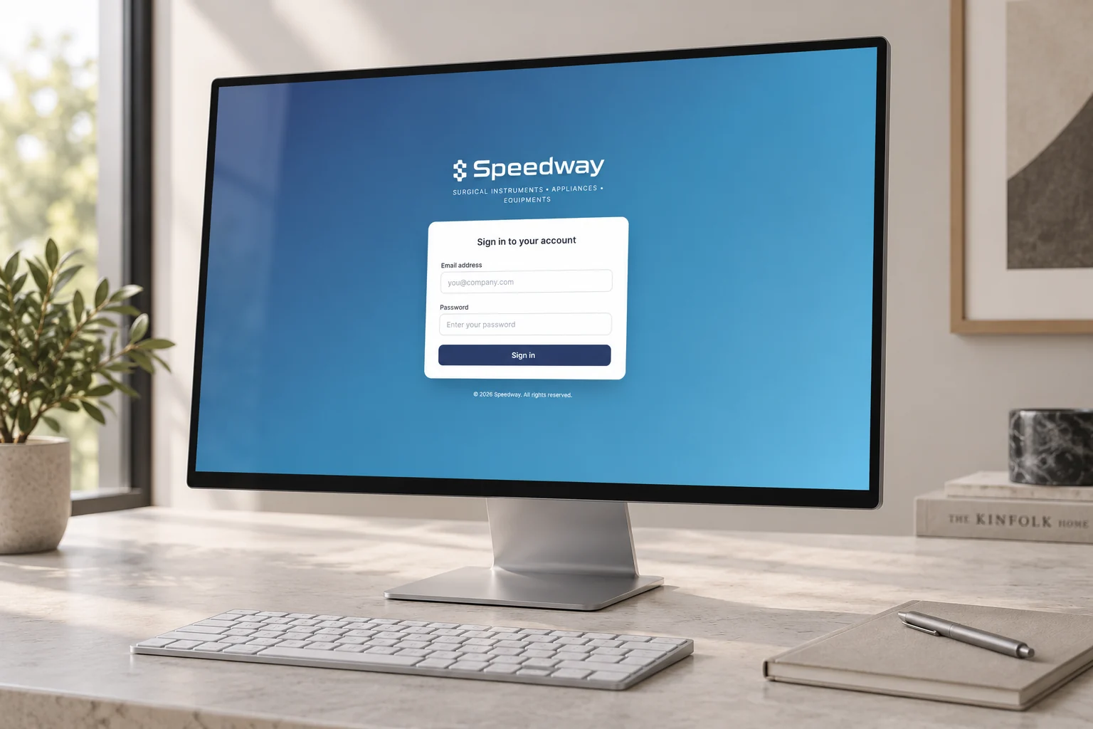 Speedway ERP public account-access screen on a monitor.