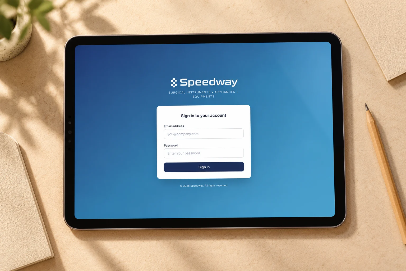 Speedway ERP public sign-in interface on a tablet.