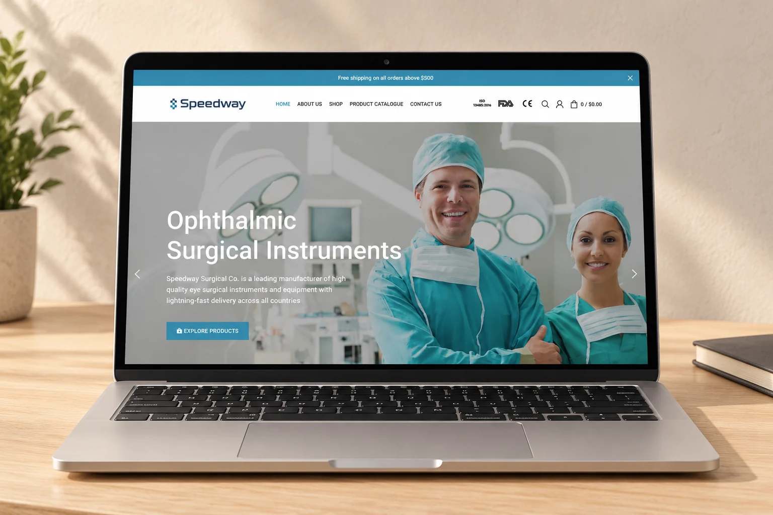 Saved Speedway Surgical storefront homepage on a laptop.