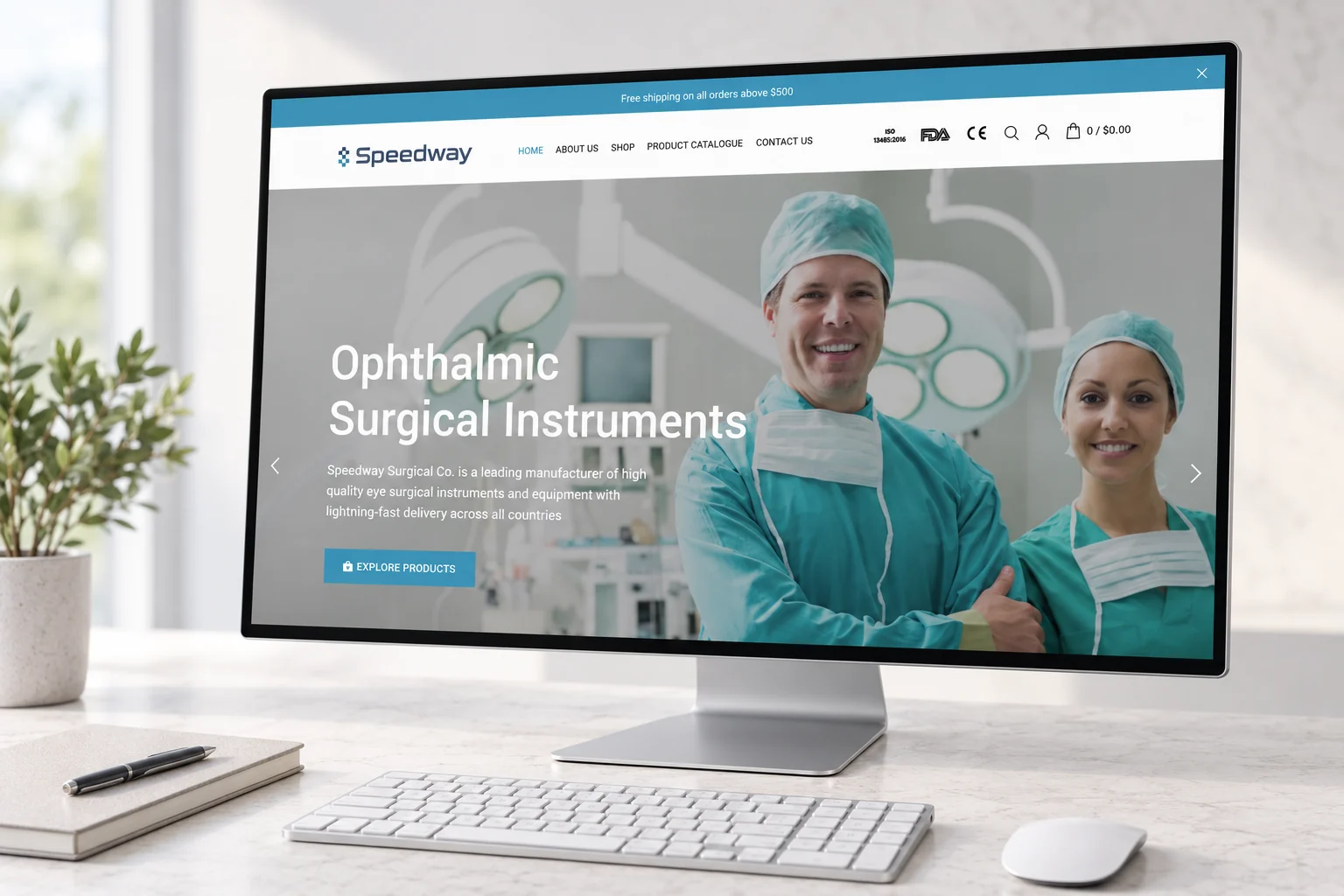 Saved Speedway Surgical homepage and header on a monitor.
