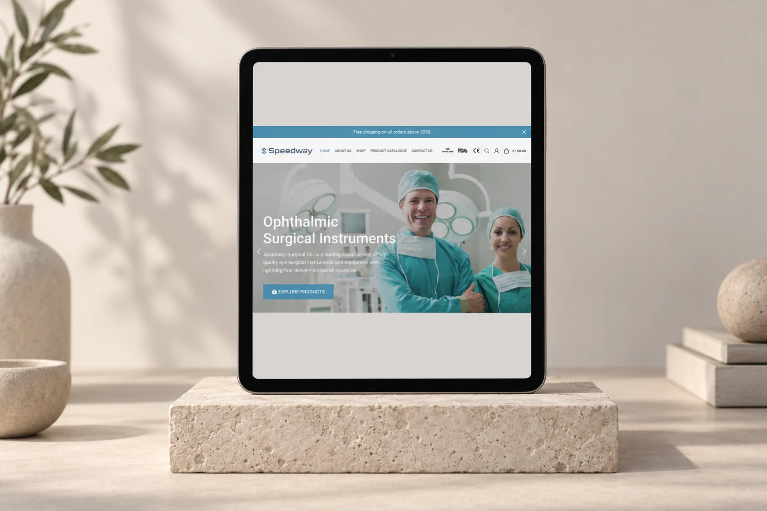 Saved Speedway Surgical desktop homepage on a portrait tablet.