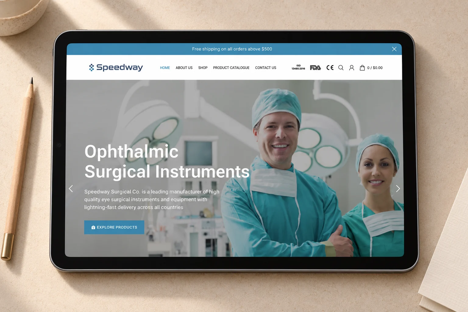 Saved Speedway Surgical storefront homepage on a tablet.