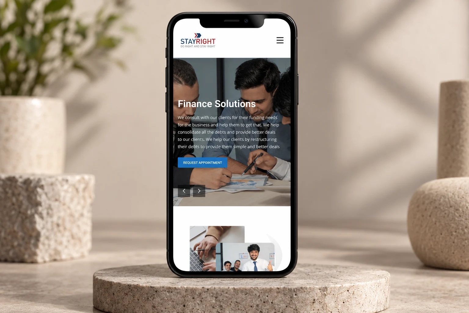 STAYRIGHT mobile consultancy homepage on a smartphone.