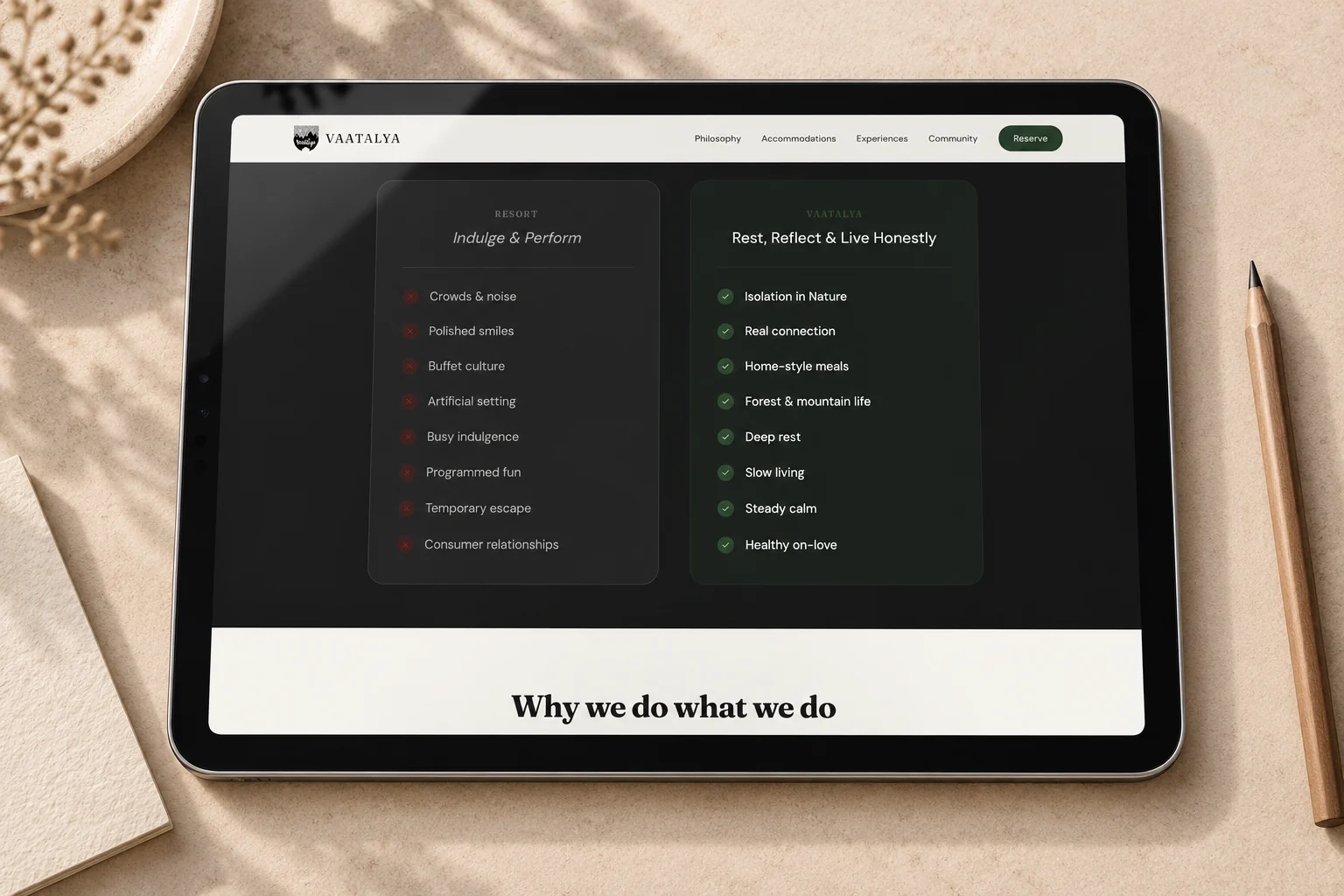 Vaatalya retreat philosophy on a tablet.