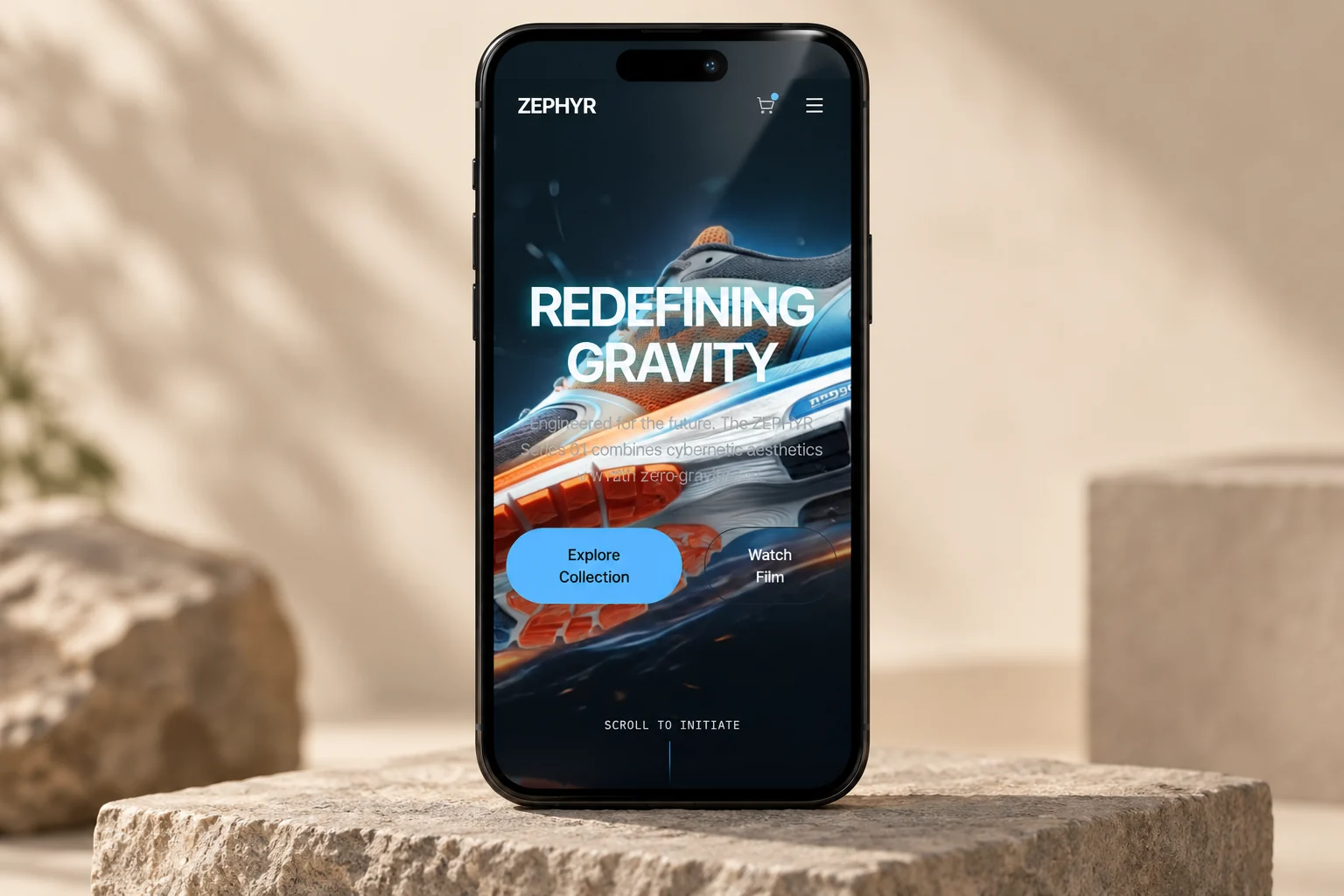 ZEPHYR mobile sneaker launch concept on a smartphone.