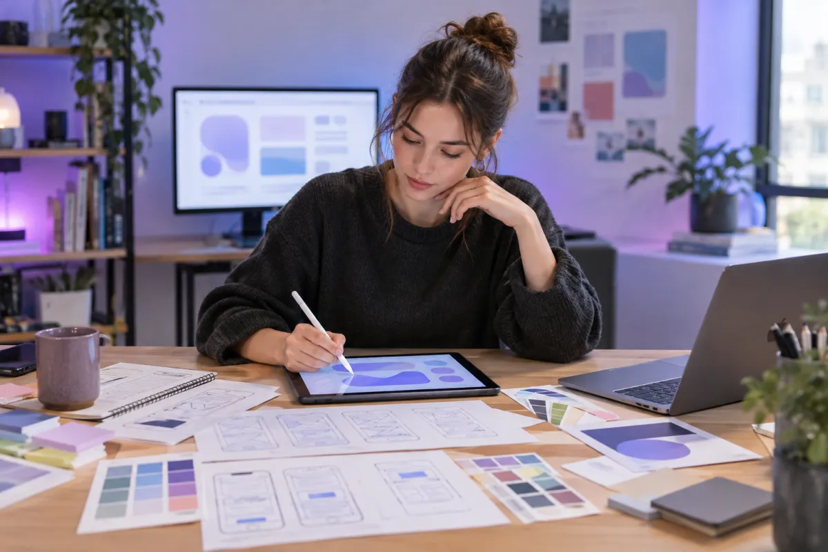 UI/UX designer sketching wireframes on a tablet with colour swatches on the desk
