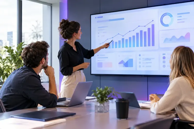 Marketing team reviewing growth charts on a large screen
