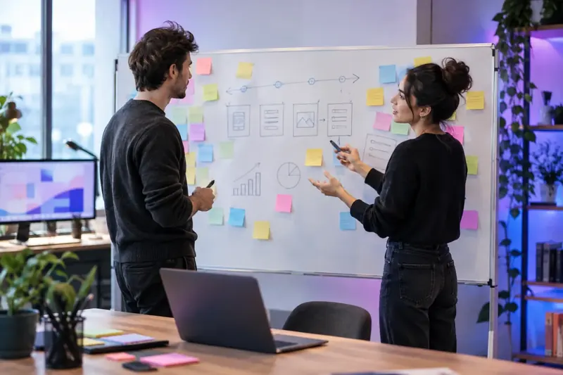 Two founders planning a product roadmap on a whiteboard with sticky notes